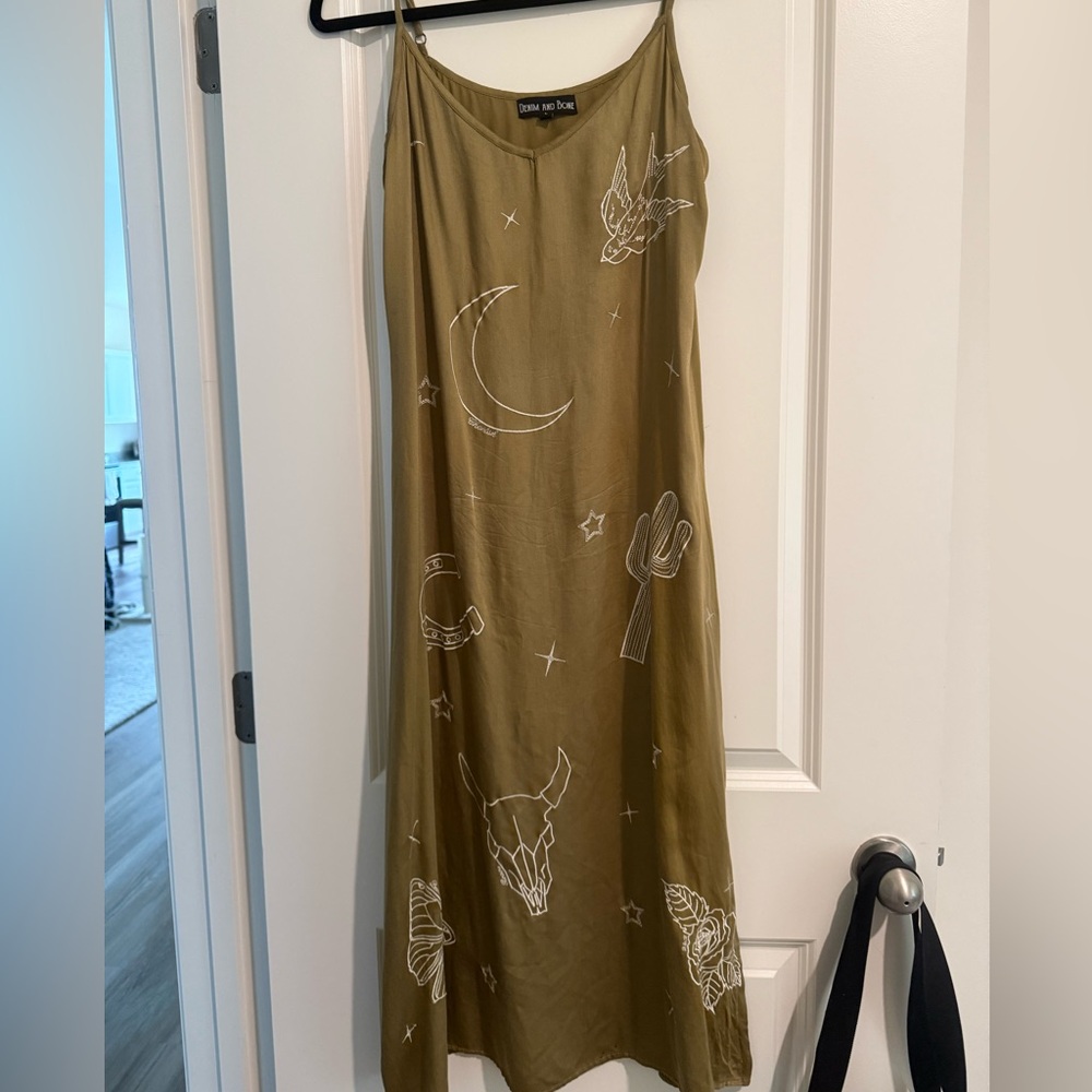 Olive Green Slip Dress with Western Print
